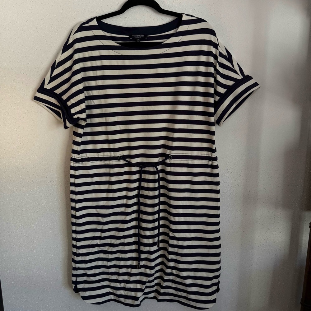 Lafayette 148 New York Navy and White Striped Midi Dress Size Medium